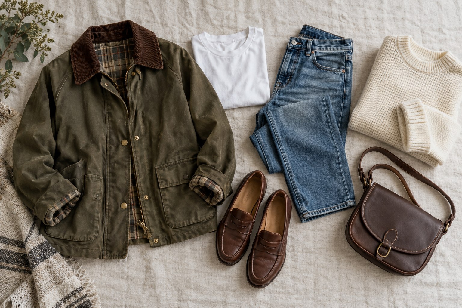 Barn jacket wardrobe essentials arranged with jeans, a tee, sweater and loafers.