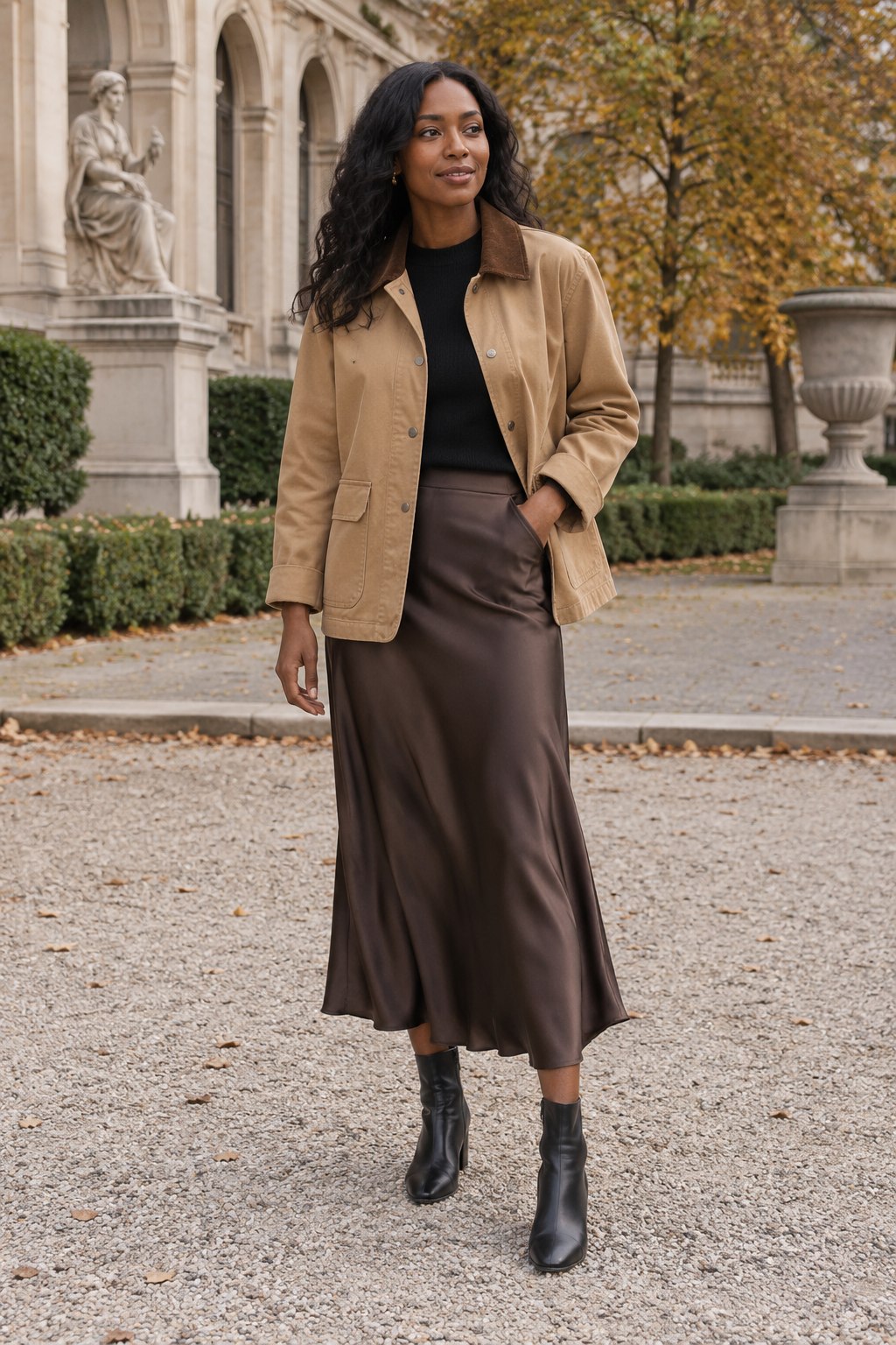 Tan barn jacket over a black knit top and chocolate satin midi skirt with ankle boots.
