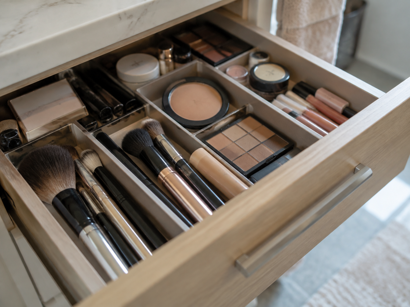 An open bathroom drawer packed with makeup products