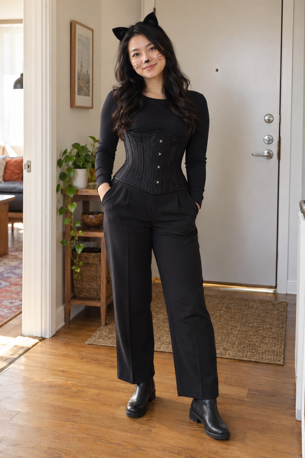 Black cat costume with a black corset, long-sleeve top, black trousers, cat ears and whisker makeup