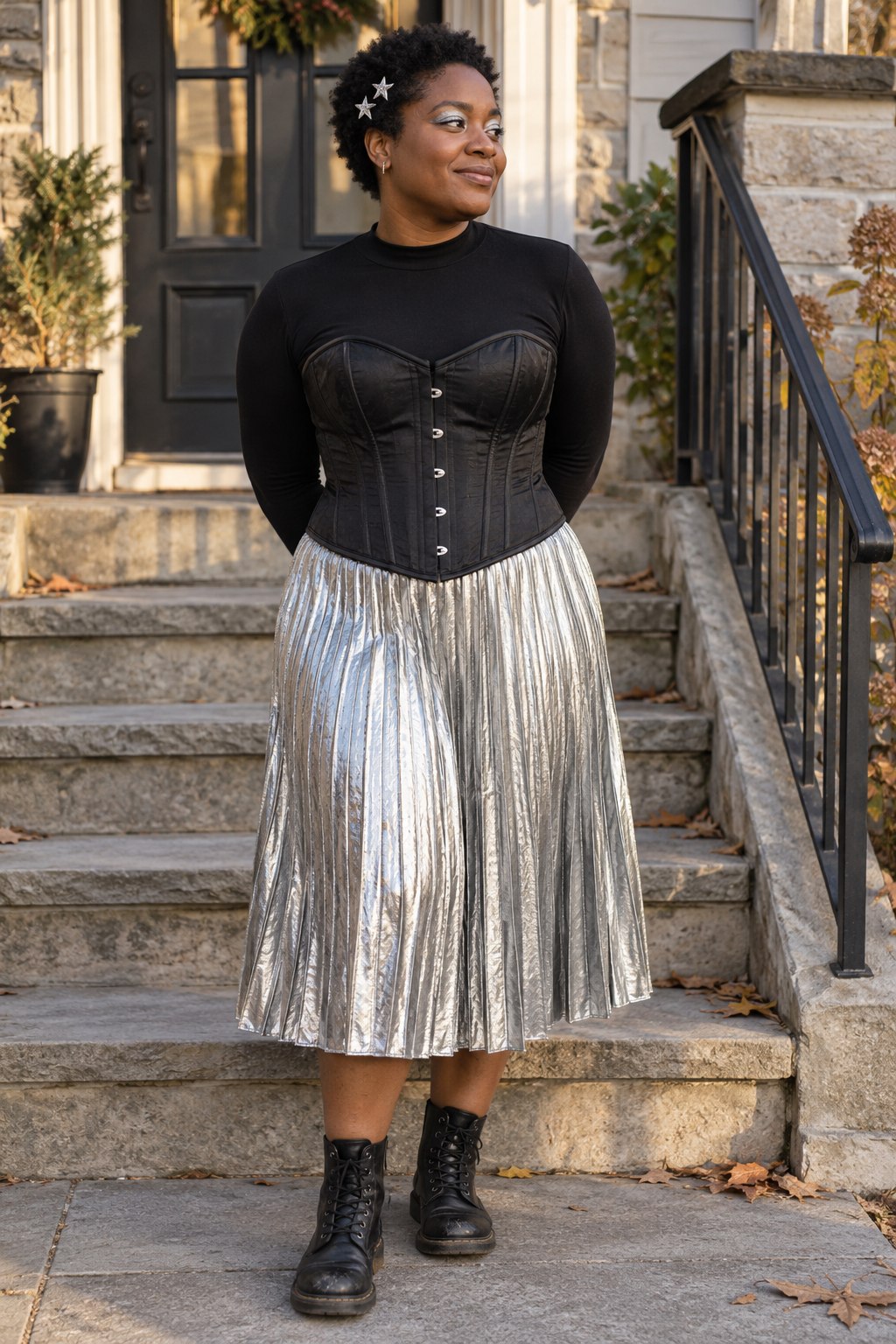 Fallen star costume with a black corset, silver pleated skirt, black boots and silver star hair clips