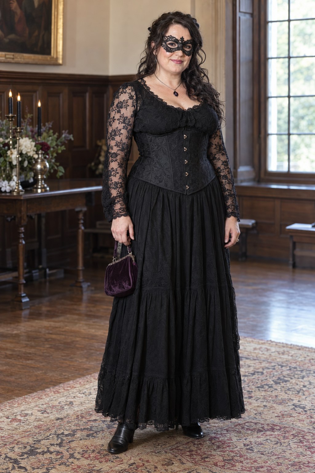 Gothic masquerade costume with a black corset, lace blouse, long black skirt, eye mask and plum bag