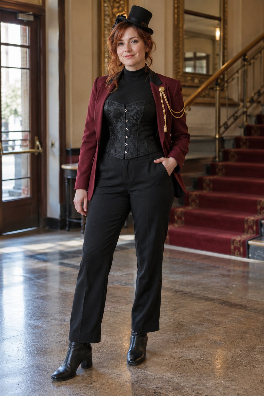 Midnight ringmaster costume with a black corset, burgundy blazer, black trousers, gold trim and a small top hat