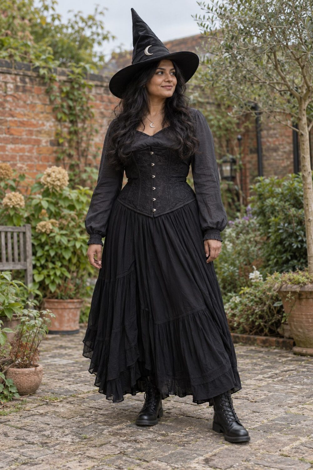 Storm witch costume with a black corset, charcoal blouse, long black skirt, boots and crescent-trimmed pointed hat