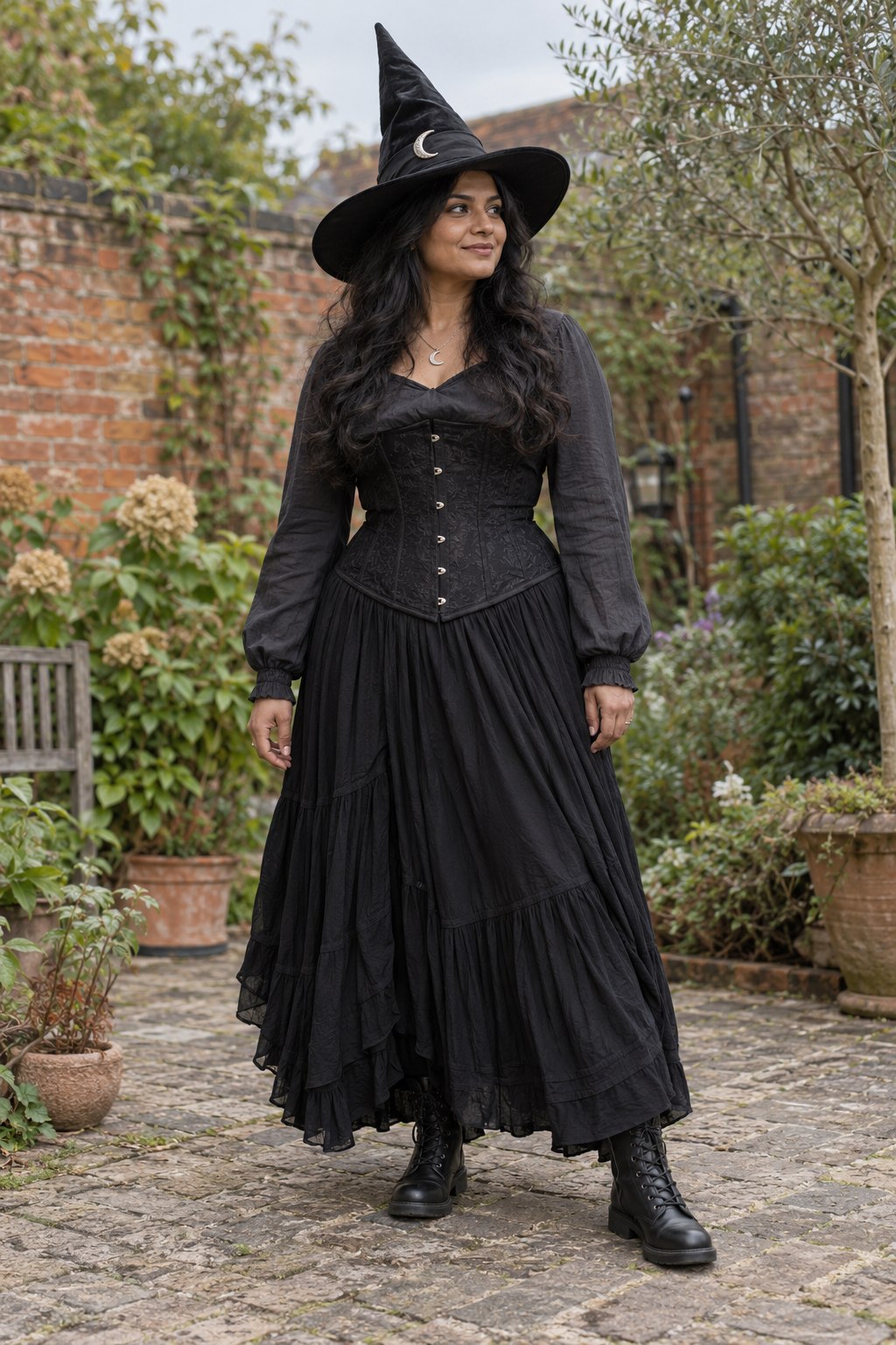 Storm witch costume with a black corset, charcoal blouse, long black skirt, boots and crescent-trimmed pointed hat