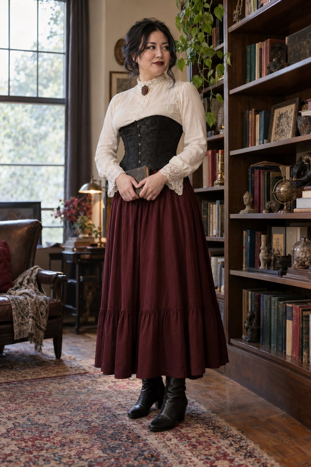 Vampire librarian costume with a black corset, cream lace blouse, burgundy skirt and an old book