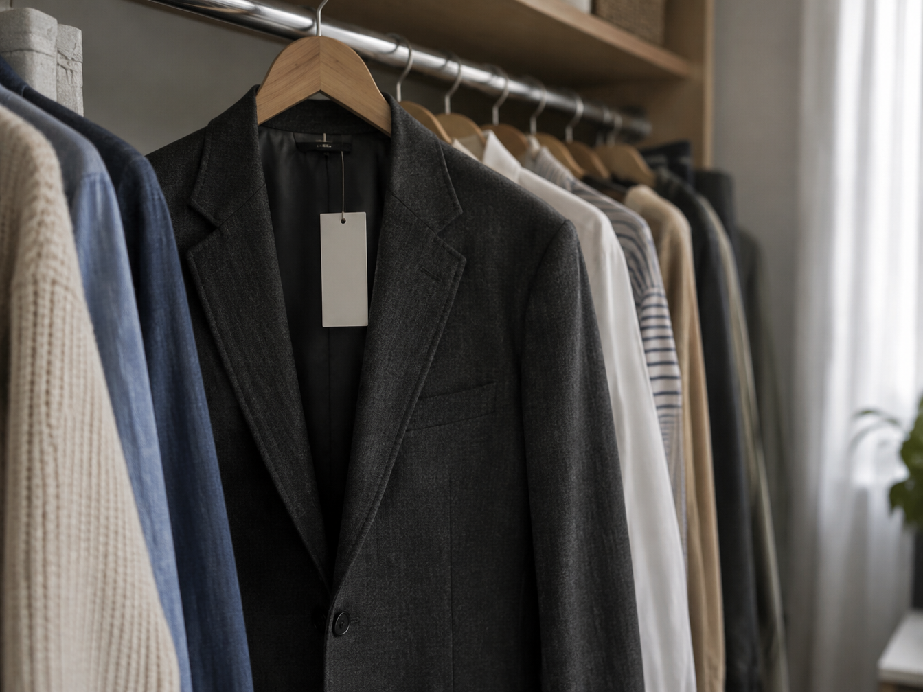 Charcoal blazer with the price tag still attached hanging in a closet