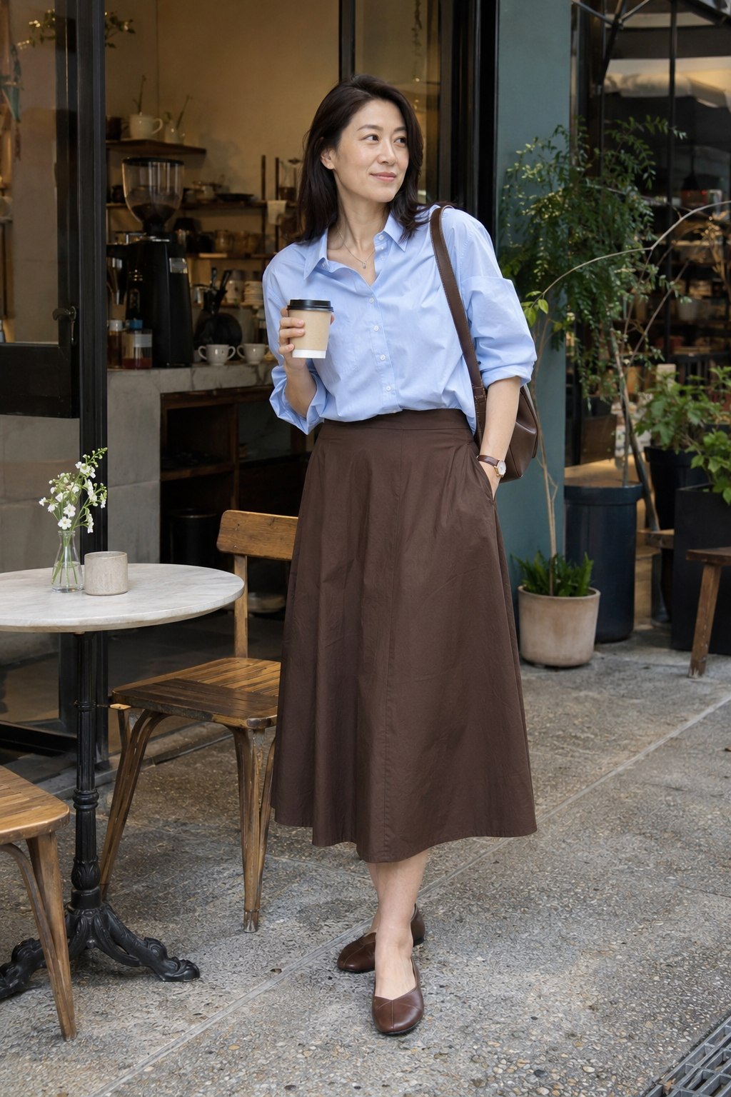 Woman wearing a blue poplin shirt tucked into a chocolate brown midi skirt with brown flats.