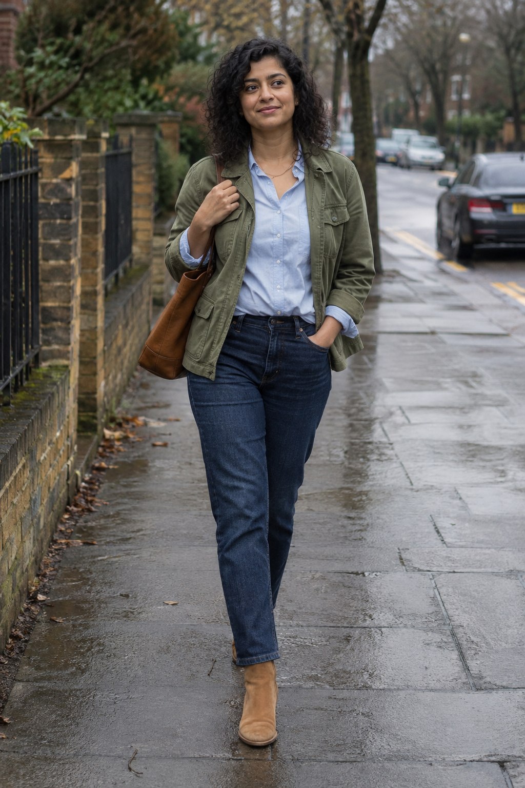 Woman in a blue shirt, olive utility jacket, dark jeans and tan ankle boots on a cloudy day.