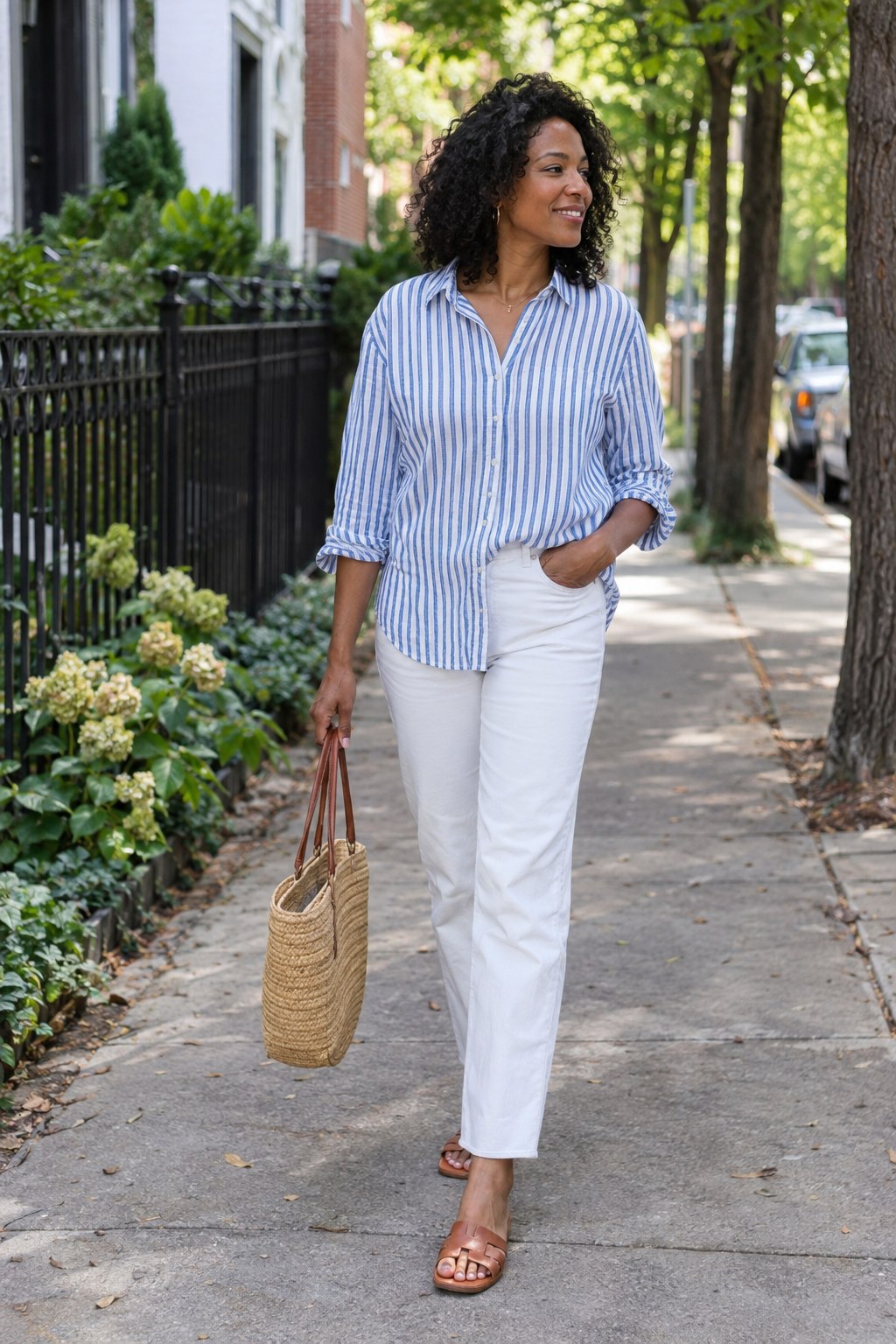 Woman wearing a blue striped shirt with white straight jeans and tan sandals on a residential street.