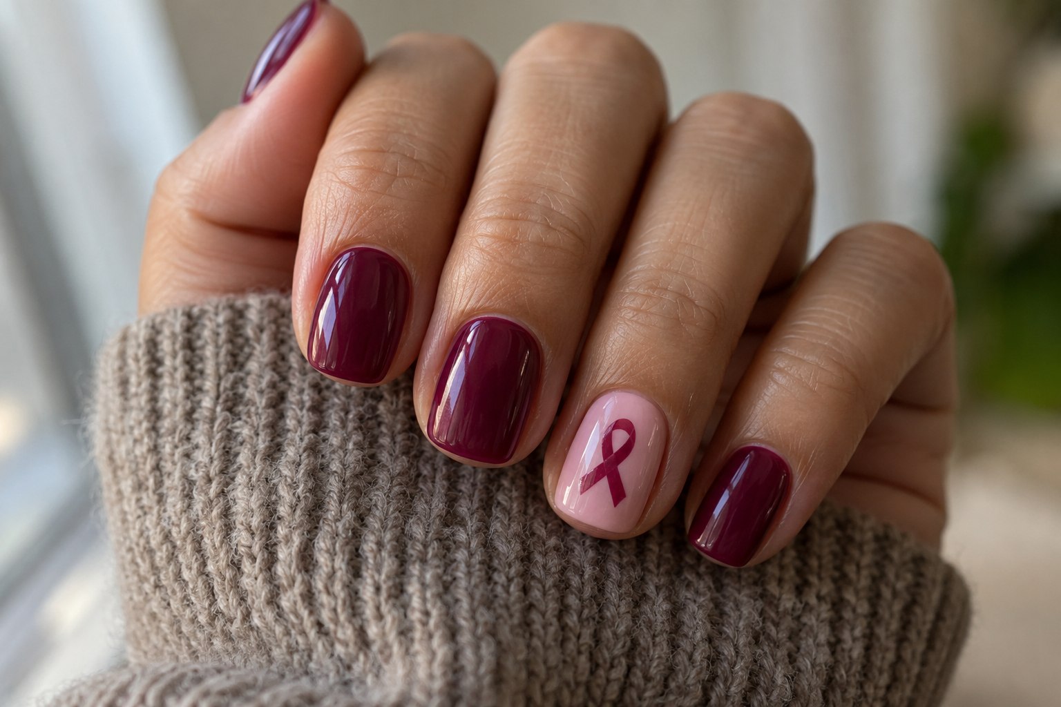 Deep berry nails with one pale blush accent nail bearing a berry pink awareness ribbon.