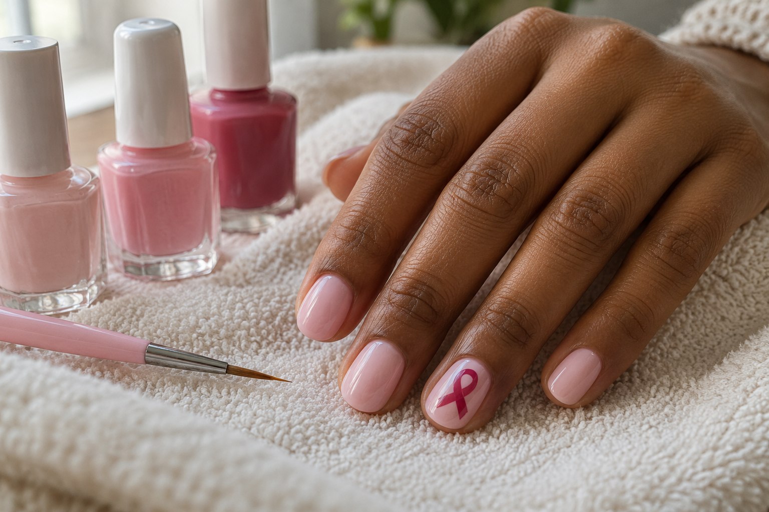 A natural hand with a pink ribbon manicure beside pink nail polish bottles and a fine nail brush.