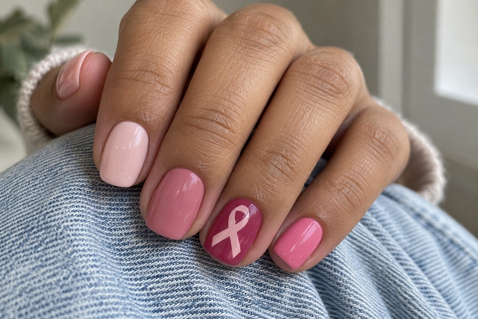 Pink nails in contrasting blush, rose and berry shades, with a pale pink awareness ribbon on a berry accent nail.