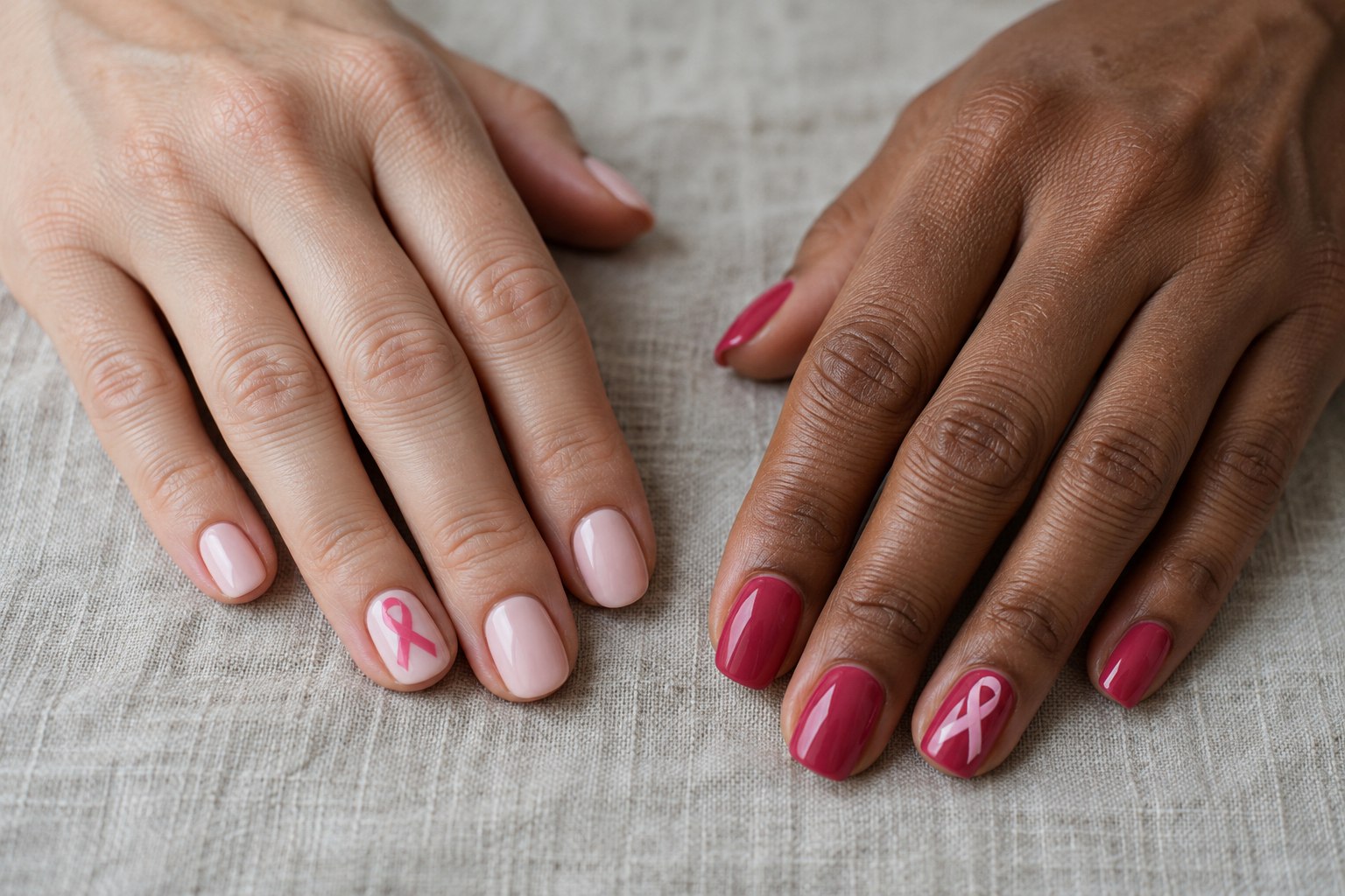 Two hands with different pink manicures sharing the same small awareness ribbon detail.