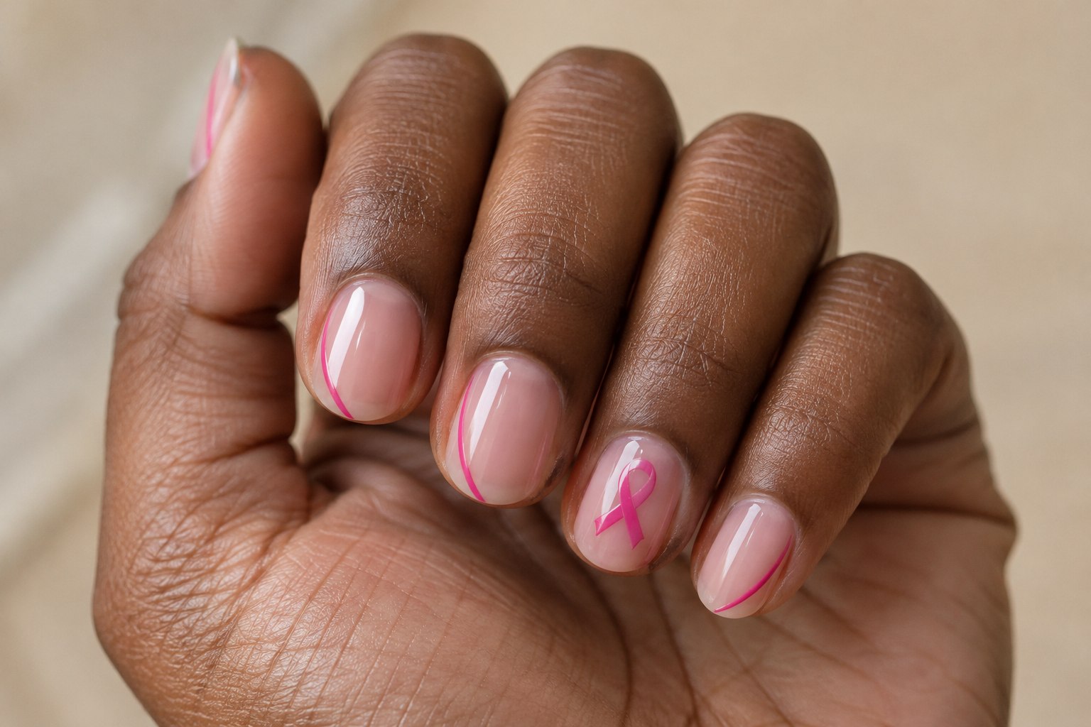 Sheer nude nails with a fine pink awareness ribbon and narrow pink edge details.