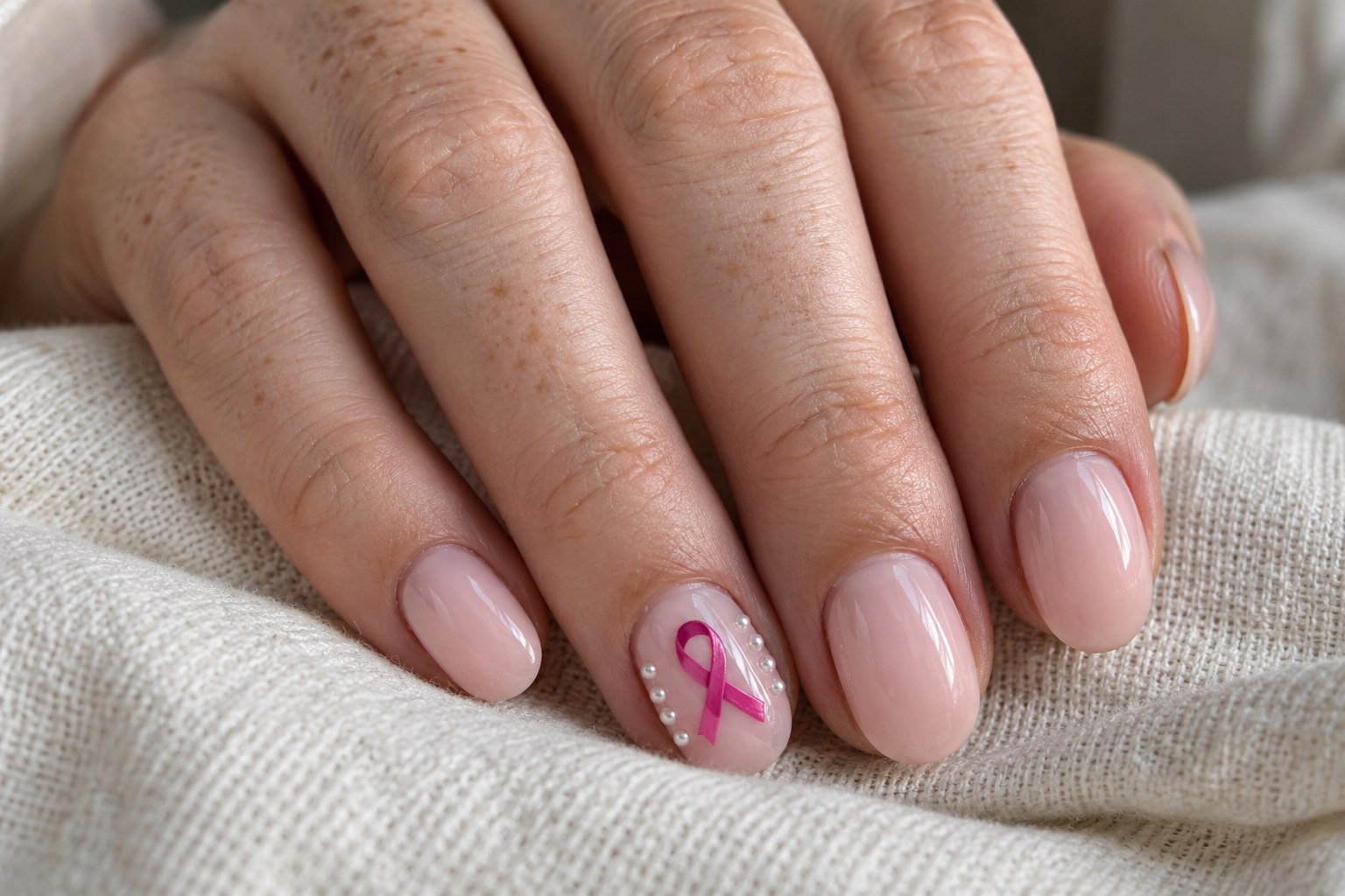 Blush oval nails with a pink awareness ribbon and tiny pearls framing the accent nail.