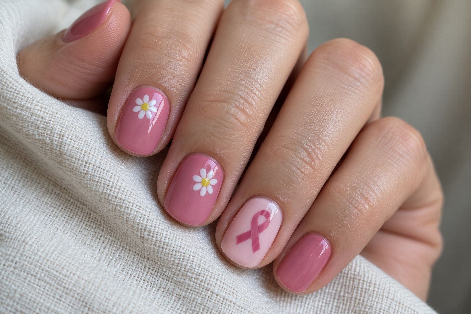 Short rose pink nails with small white daisies and one clear pink awareness ribbon accent.