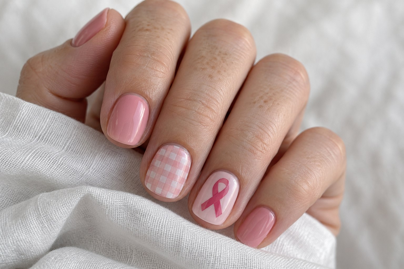 Pink manicure with a tiny gingham pattern on one nail and an awareness ribbon on another.
