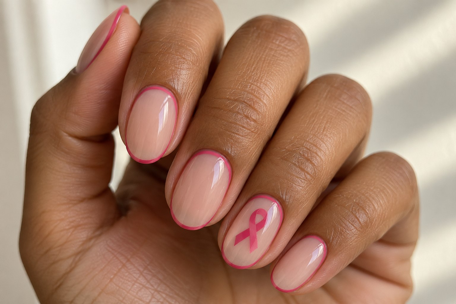 Sheer nude oval nails outlined in pink with an awareness ribbon centered on the ring nail.