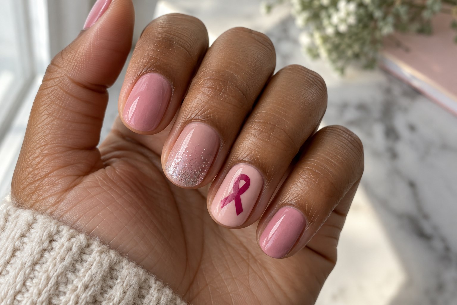 Dusty pink manicure with a silver glitter gradient and a pink awareness ribbon on a separate nail.