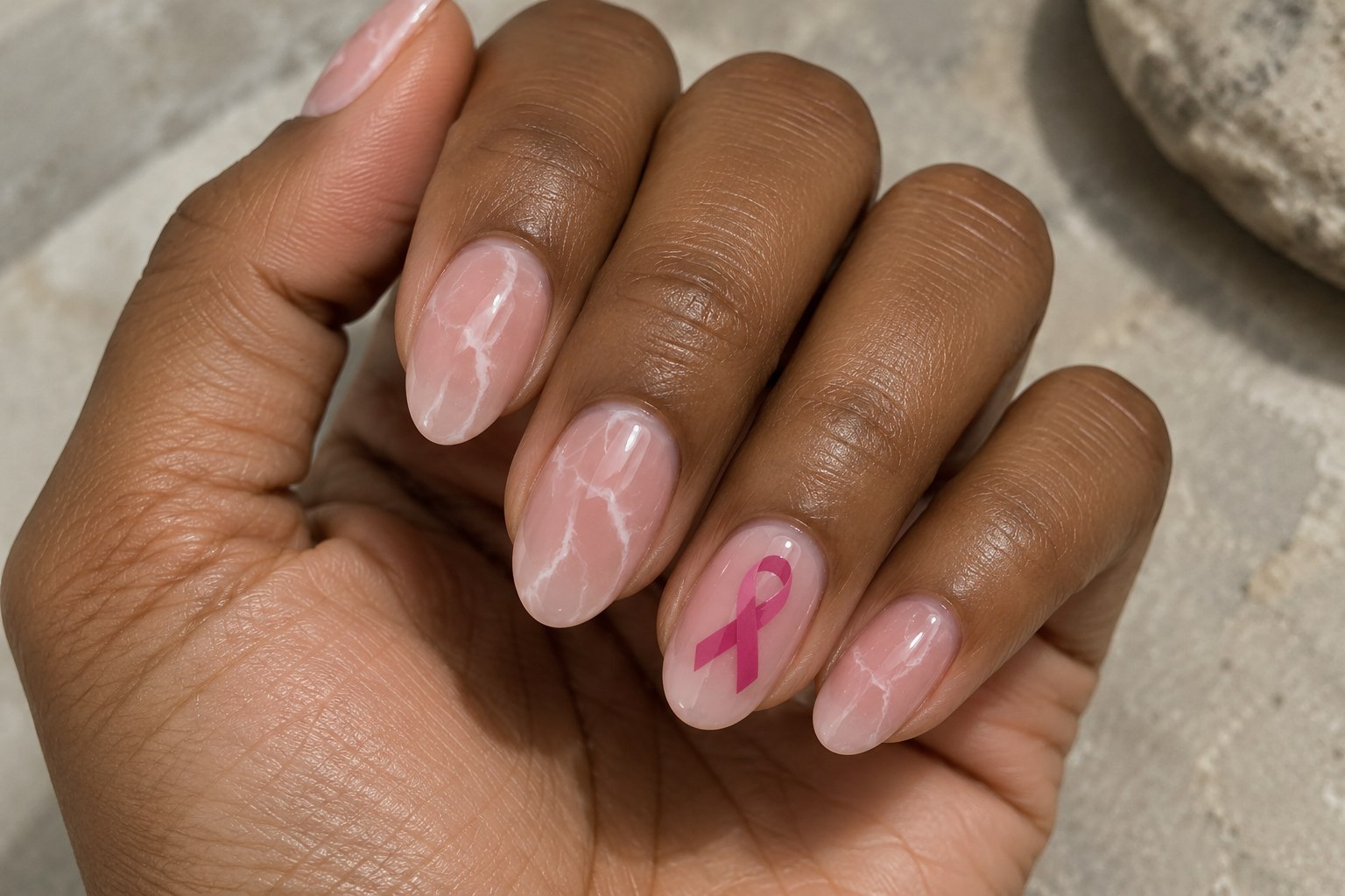 Translucent pink marble nails with fine white veins and a darker pink awareness ribbon.