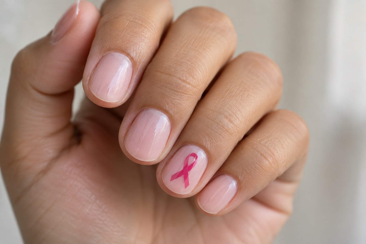 Short milky pink nails with one raspberry pink awareness ribbon on the ring fingernail.