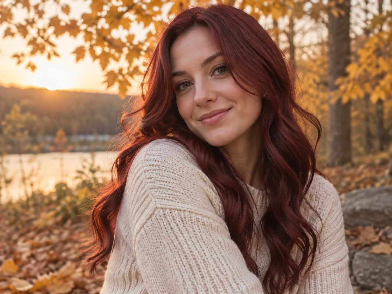 Confident young woman with burgundy wavy hair in a cream sweater among autumn leaves