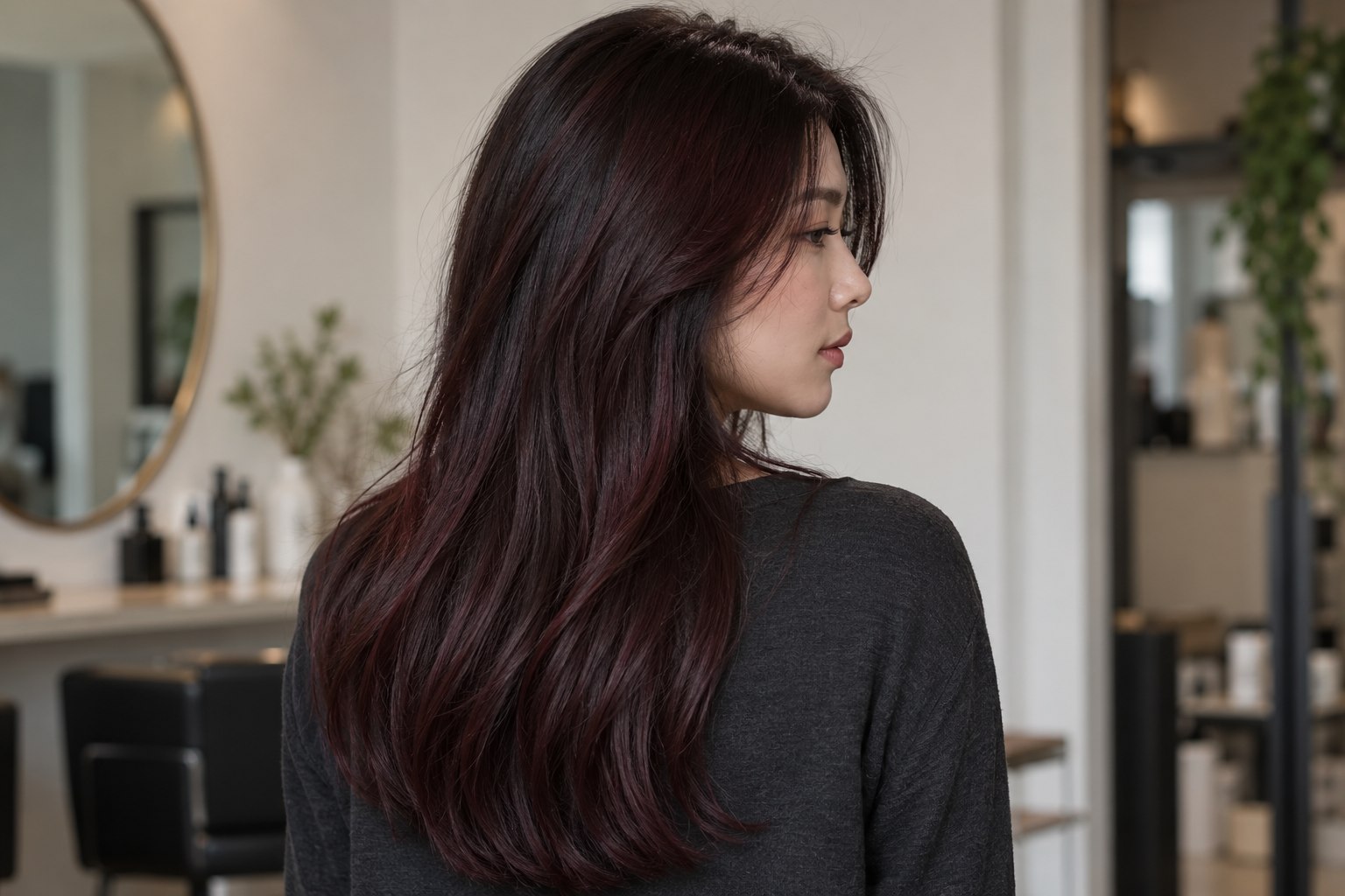Nearly black hair with subtle cherry burgundy reflections.
