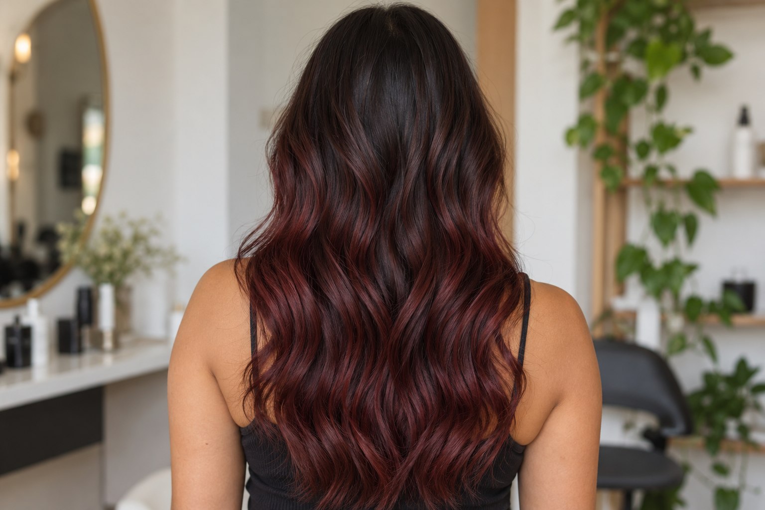 Brunette hair with burgundy balayage through the lengths.