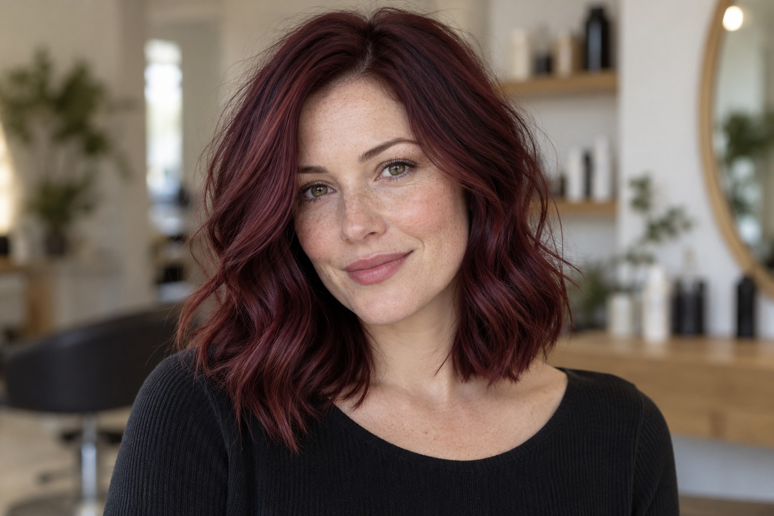 Classic deep wine burgundy hair in a softly waved lob.
