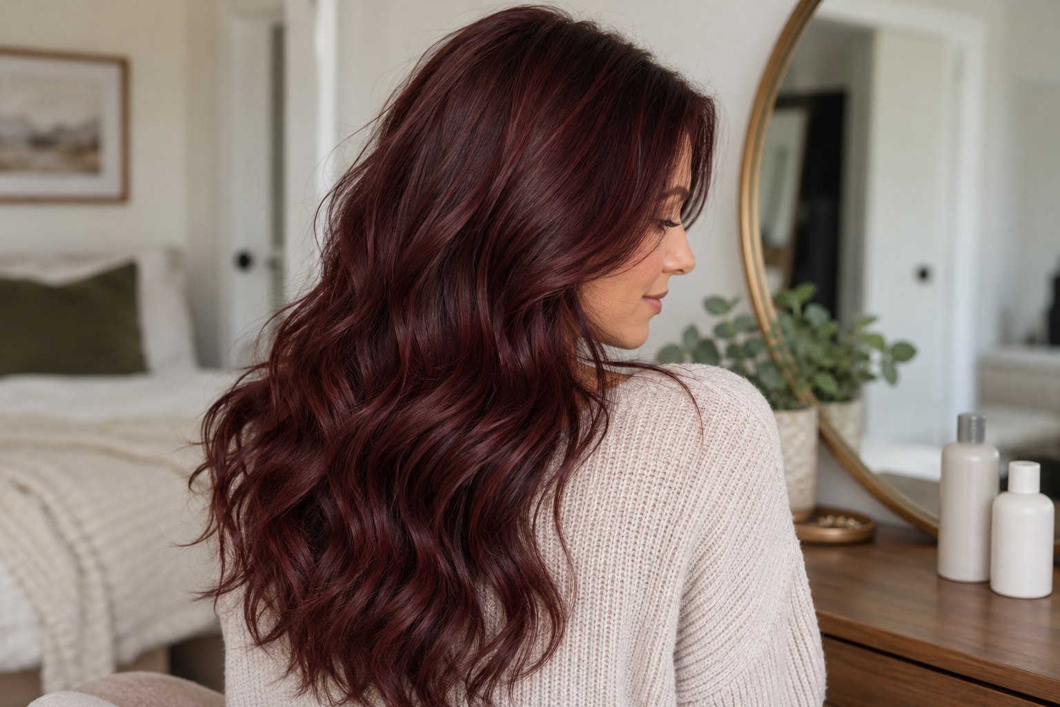 Burgundy waves beside simple unbranded hair care products.