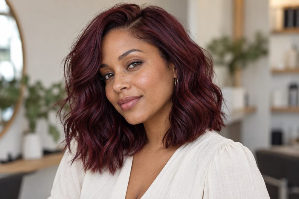 Woman with rich wine burgundy waves in soft daylight.