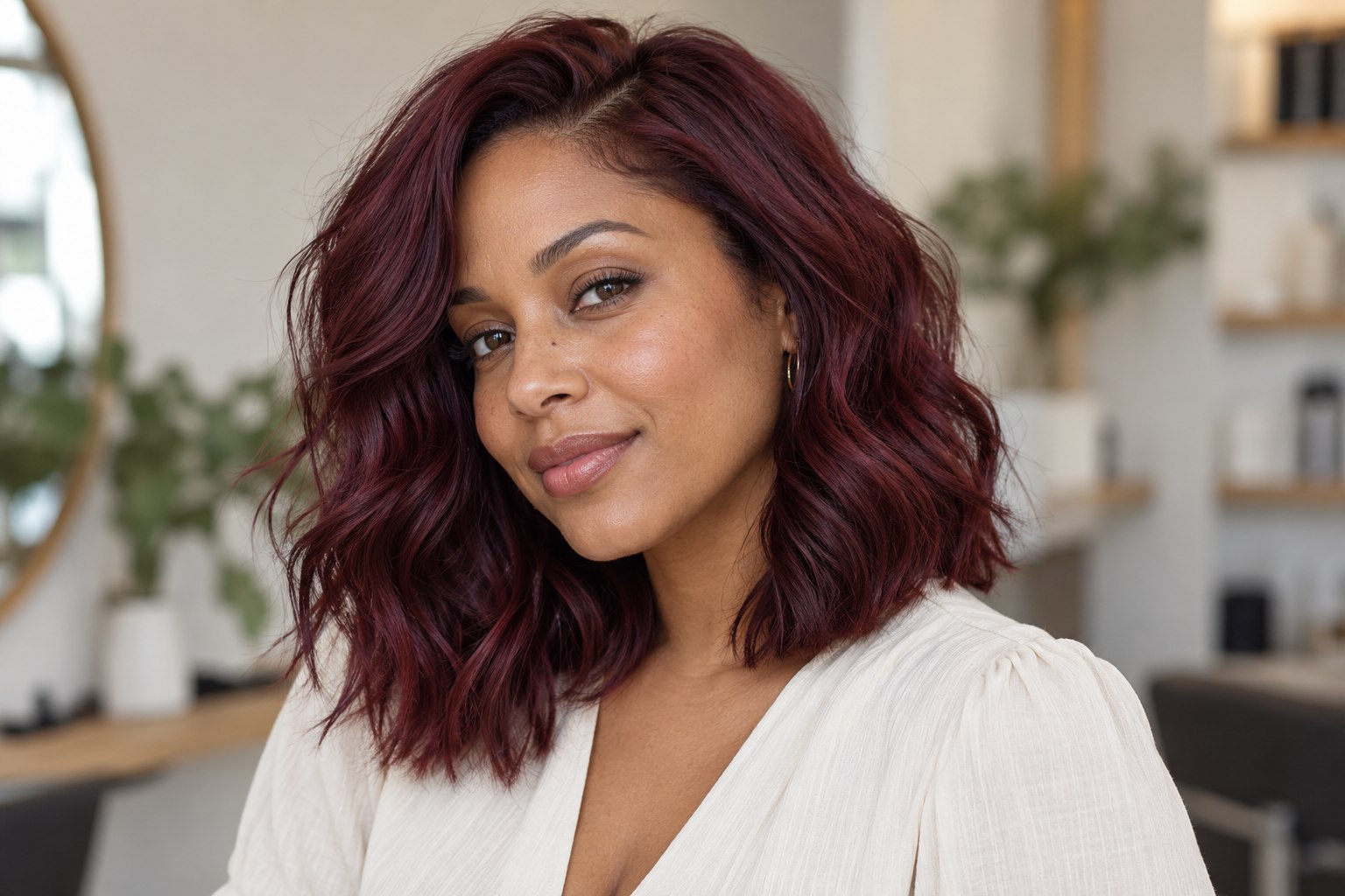 Woman with rich wine burgundy waves in soft daylight.