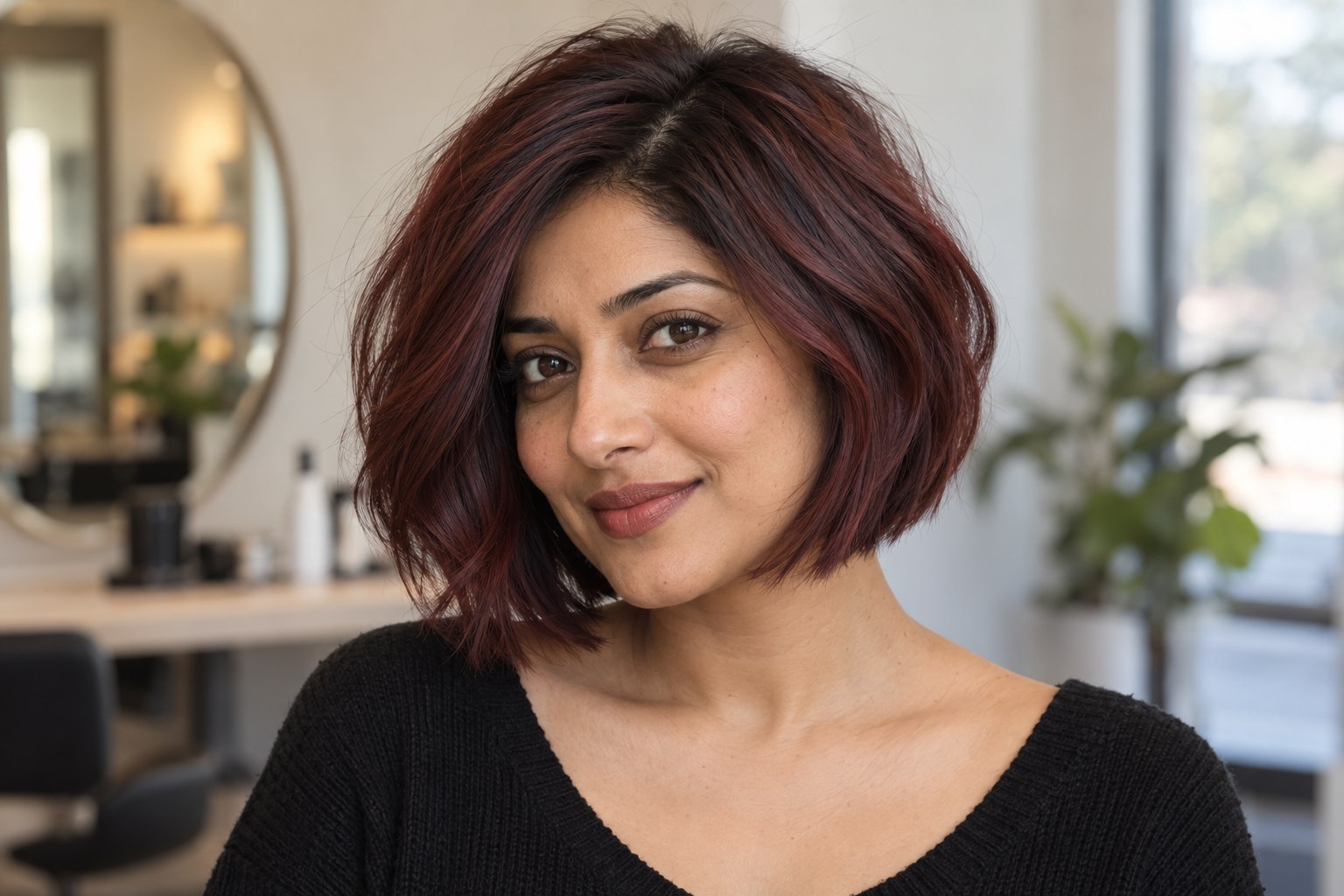 Warm mahogany burgundy hair in a soft layered bob.