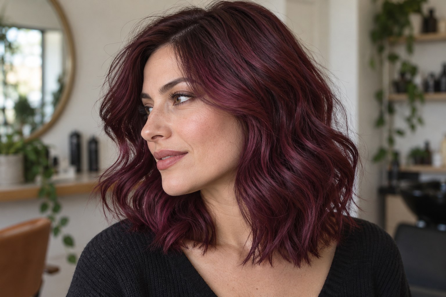 Medium depth mulberry hair with visible berry tones.