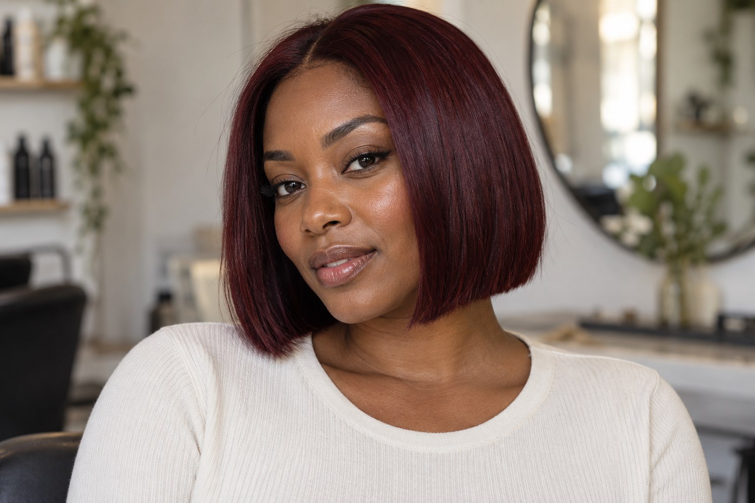Deep oxblood red hair in a sleek blunt bob.