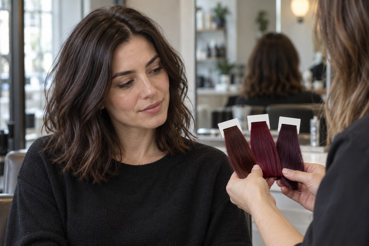 Woman comparing burgundy hair swatches in a salon.