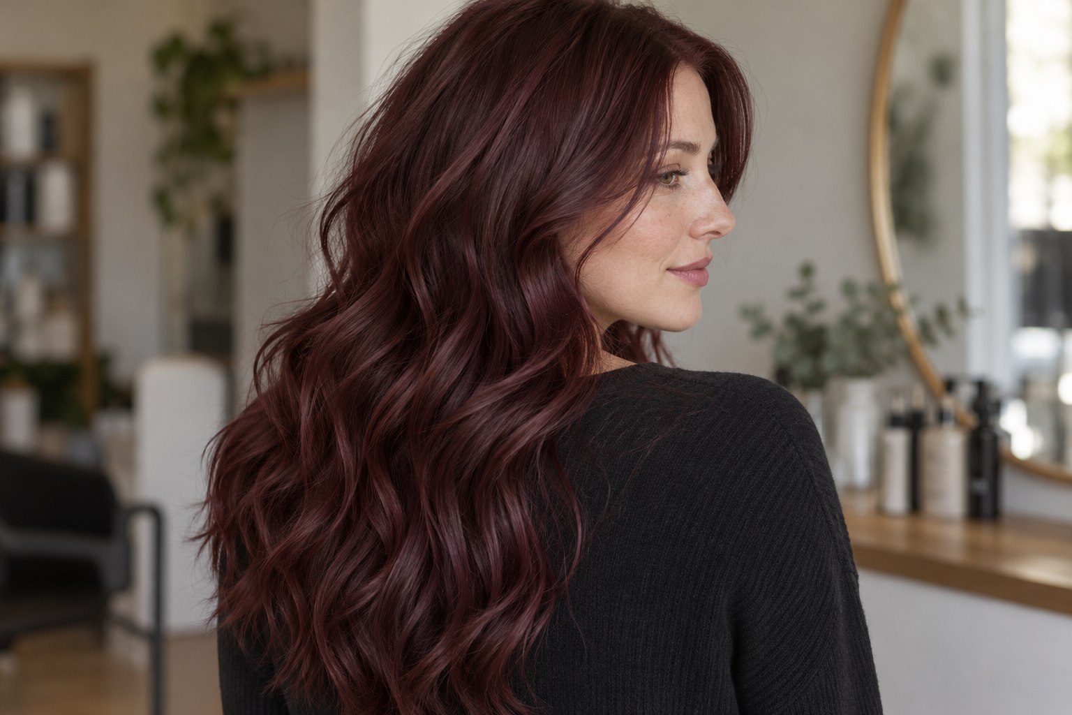 Muted smoky burgundy waves with soft violet-brown tones.
