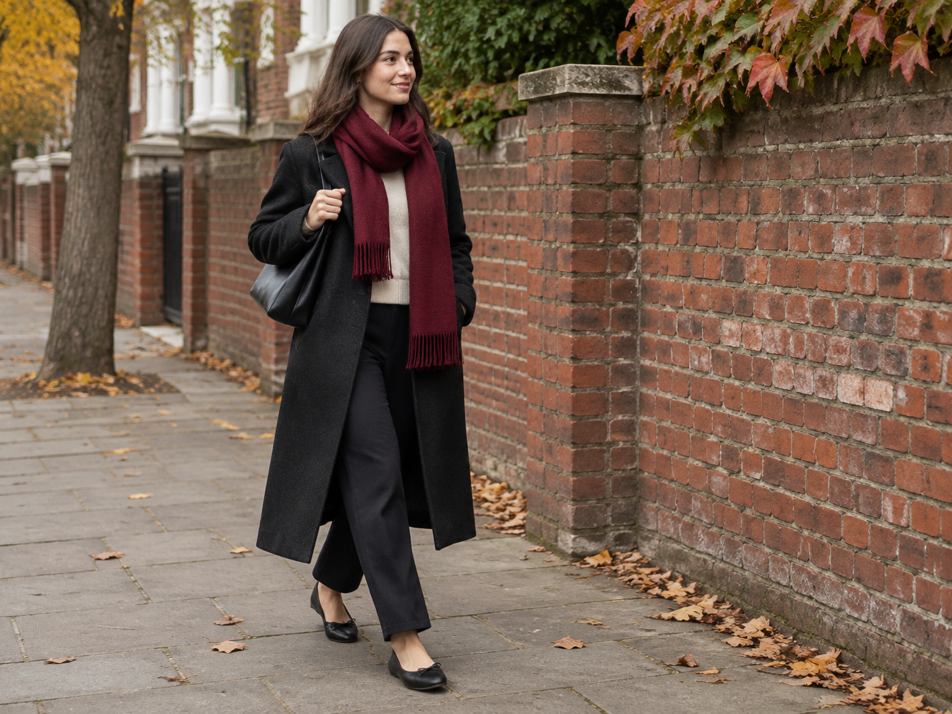A woman in a burgundy scarf and ballet flats walking past a brick wall in autumn