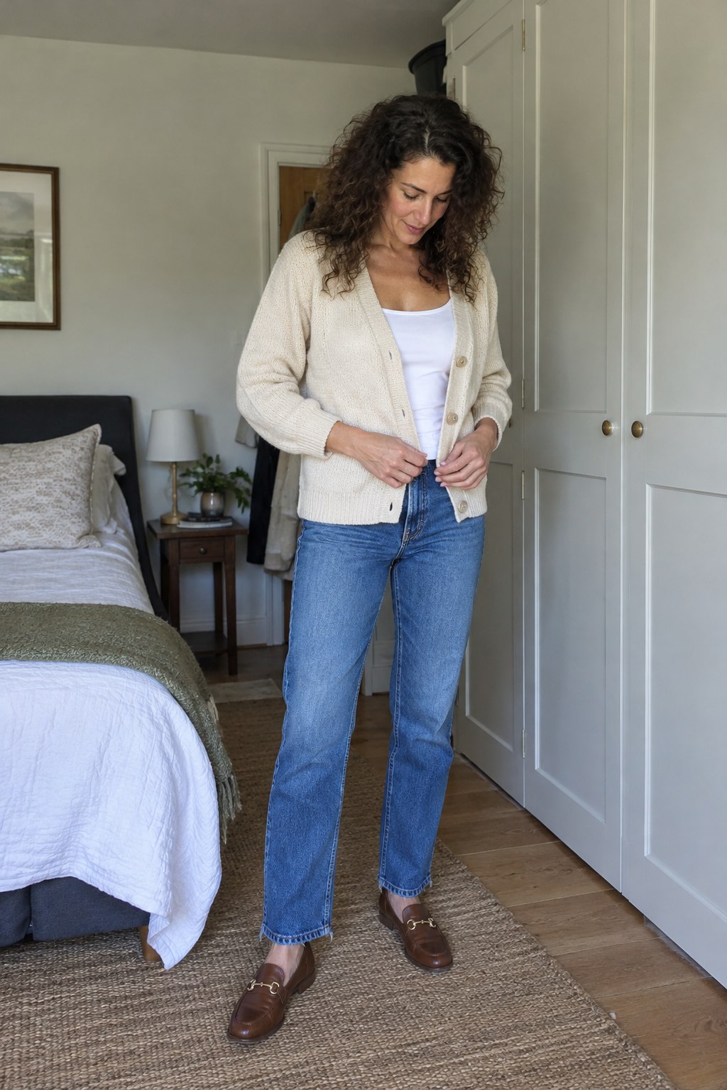 Woman checking the hem of a cream cardigan with straight jeans and loafers beside a bedroom mirror.