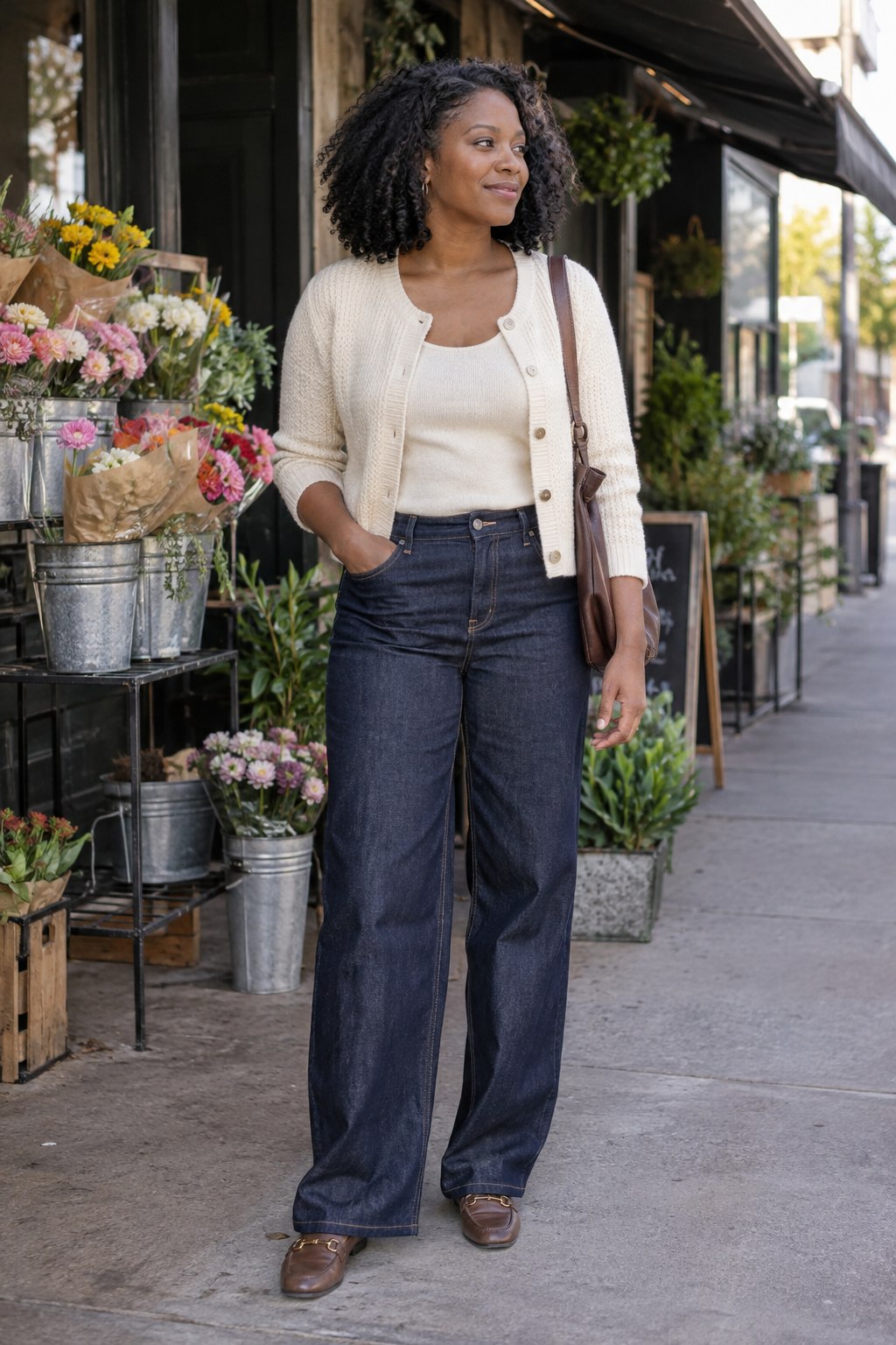 Woman wearing a short cream cardigan, dark wide-leg jeans and brown loafers on a neighborhood street.