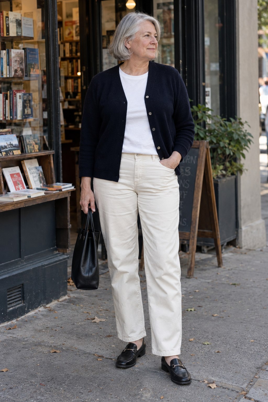Woman wearing a navy cardigan with cream jeans and black loafers outside a bookshop.