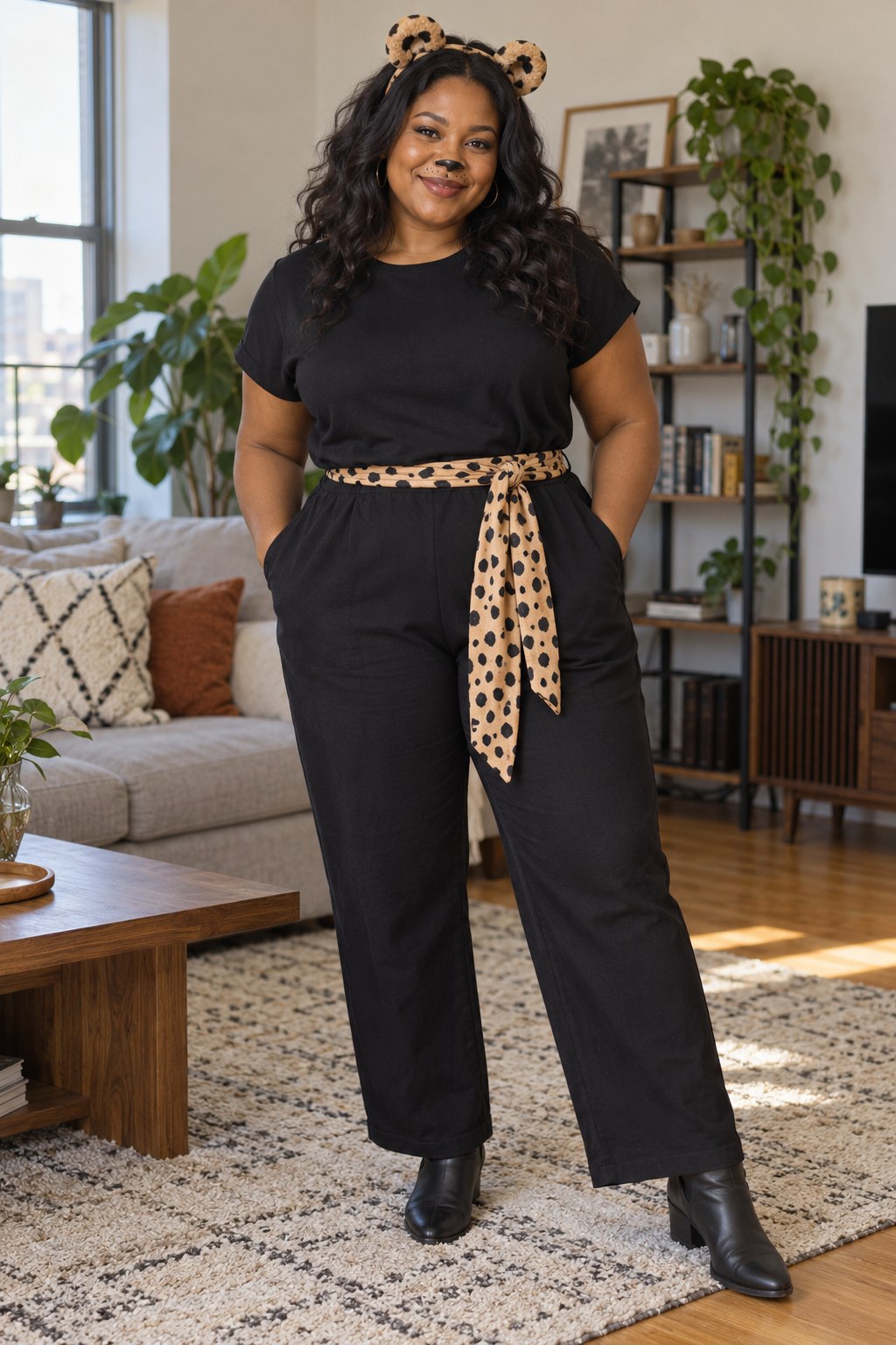 Black jumpsuit with a spotted scarf belt, ankle boots and cheetah ears