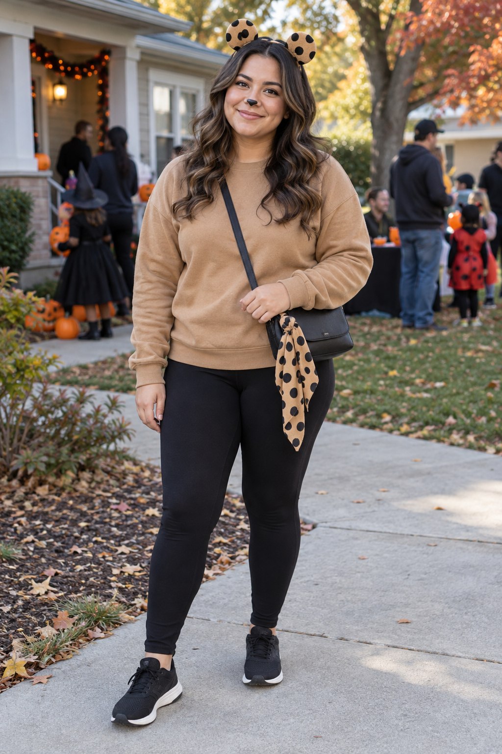 Tan sweatshirt and black leggings with trainers, cheetah ears and a spotted scarf on a bag