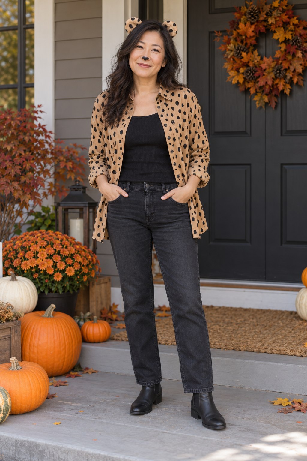 Tan spotted overshirt over a black top with dark jeans, ankle boots and cheetah ears