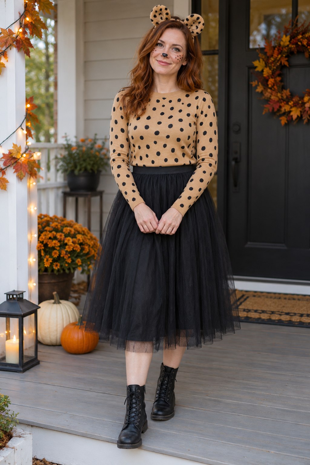 Spotted tan top with a black tulle skirt, lace-up boots and cheetah ears