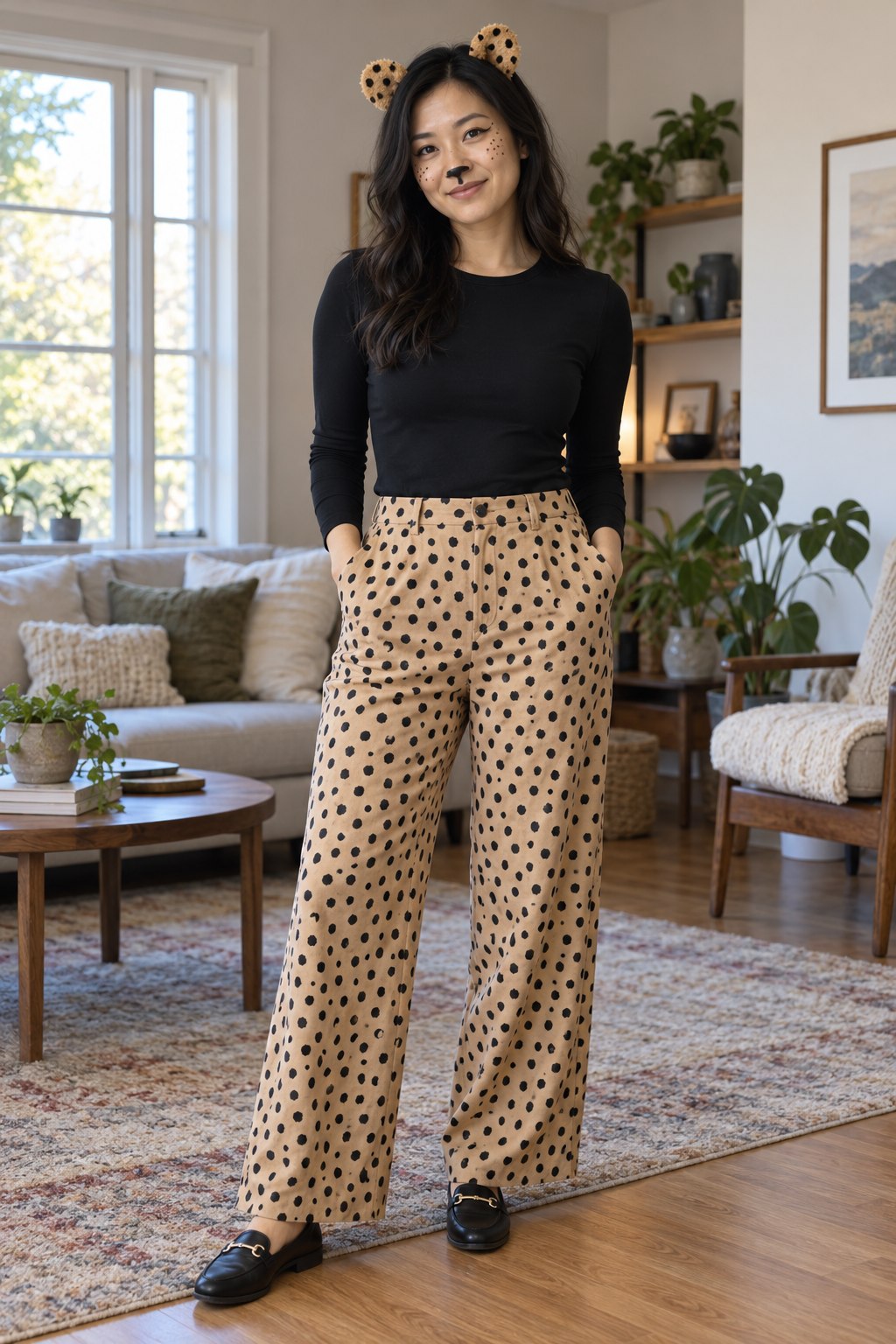 Spotted wide-leg trousers with a black top, loafers and cheetah ears