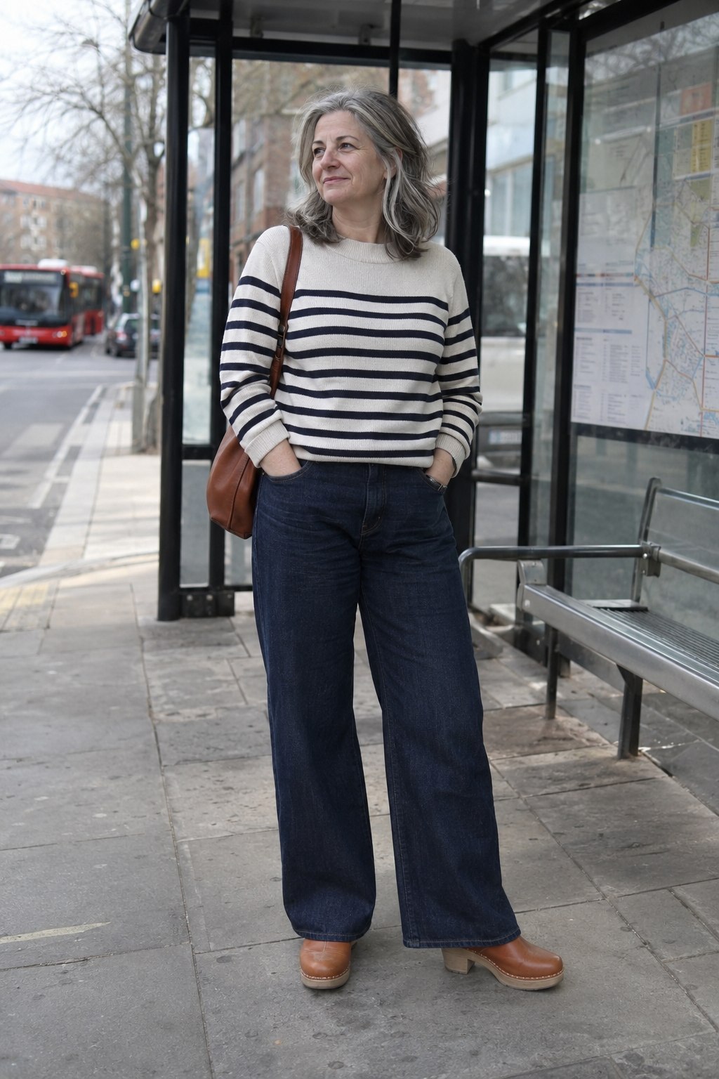Woman wearing a navy striped knit, dark wide-leg jeans and tan chunky clogs near a bus stop.