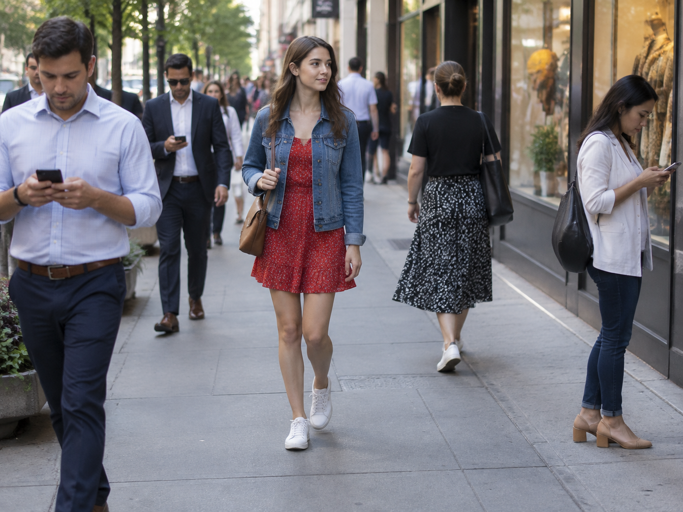 A woman in a red dress and denim jacket walking unnoticed along a busy city sidewalk