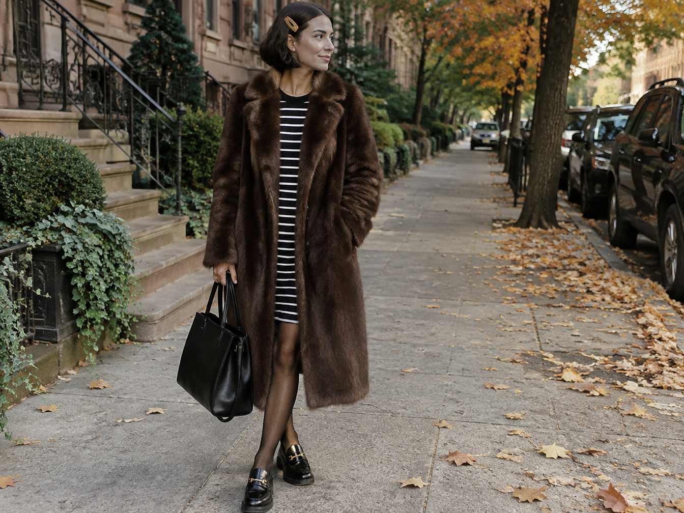 Woman in a long faux fur coat, striped dress and loafers on an autumn sidewalk